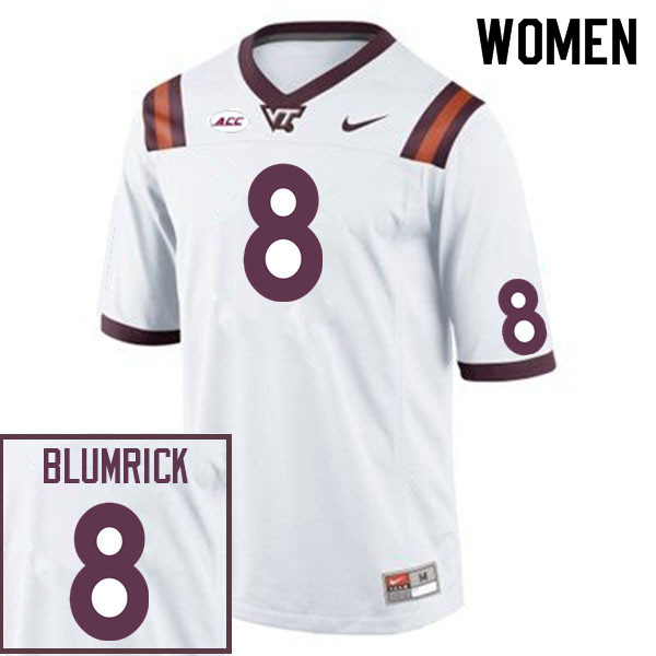 Women #8 Connor Blumrick Virginia Tech Hokies College Football Jerseys Sale-White - Click Image to Close